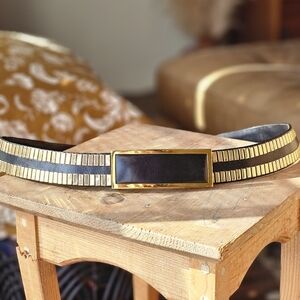 Judith Leiber Vintage Black Leather Belt With Gold Accents